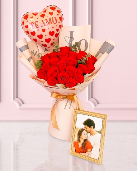 Ramo de 20 rosas rojas + porta retrato personalizado