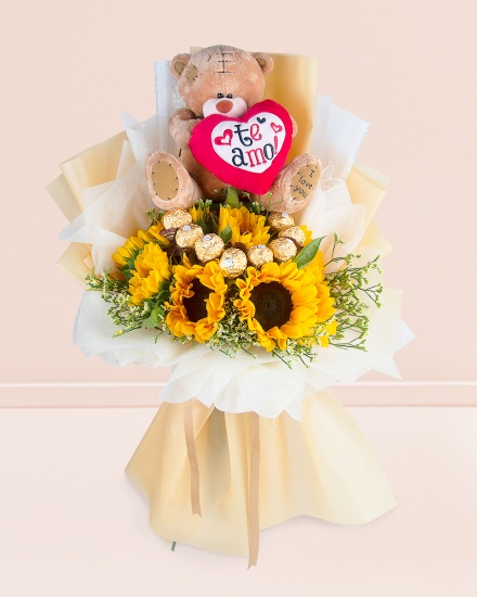 Ramo de 8 girasoles con chocolates ferrero y Peluche Osito Love