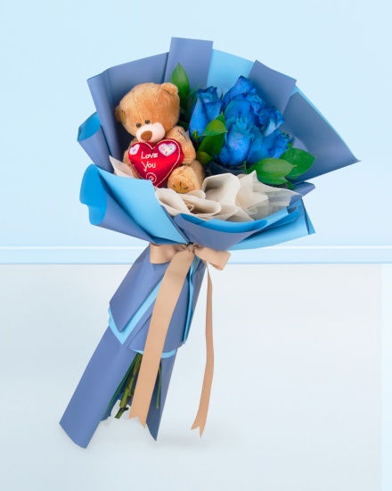 Ramo de 6 rosas azules + Peluche i love you