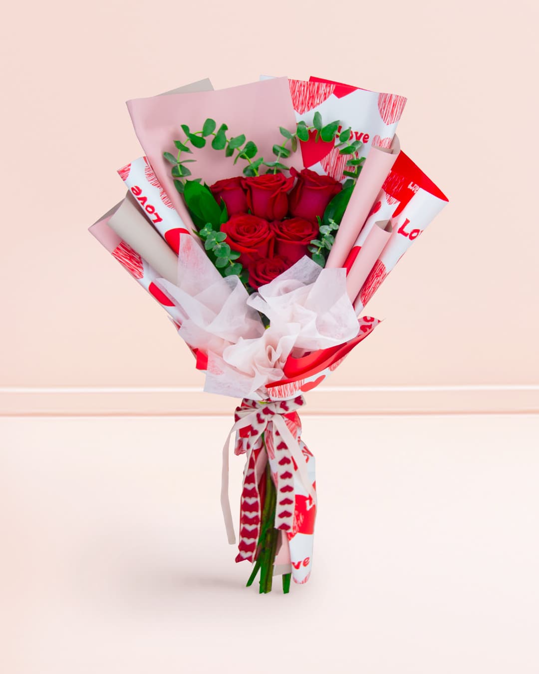 Ramo Corazón de 6 Rosas Rojas - San Valentín