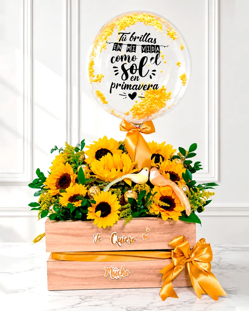 Maxi caja de Girasoles de primavera con globo y chocolates  - flores amarillas